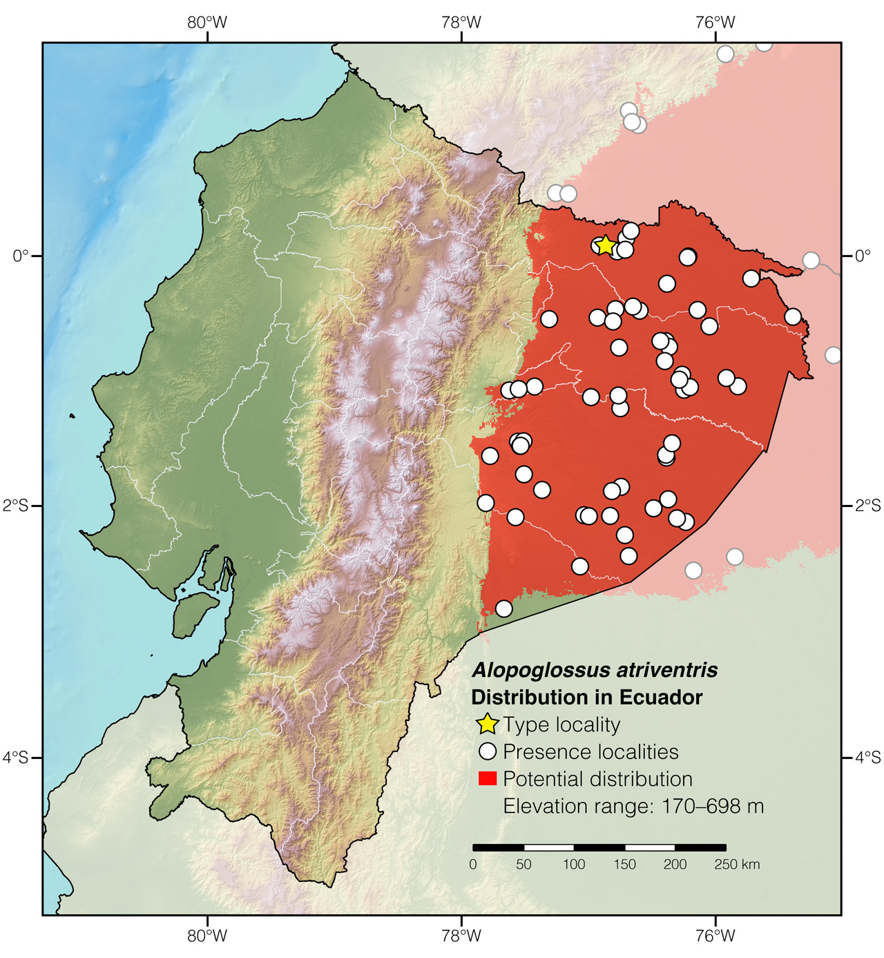 Distribution of Alopoglossus atriventris in Ecuador