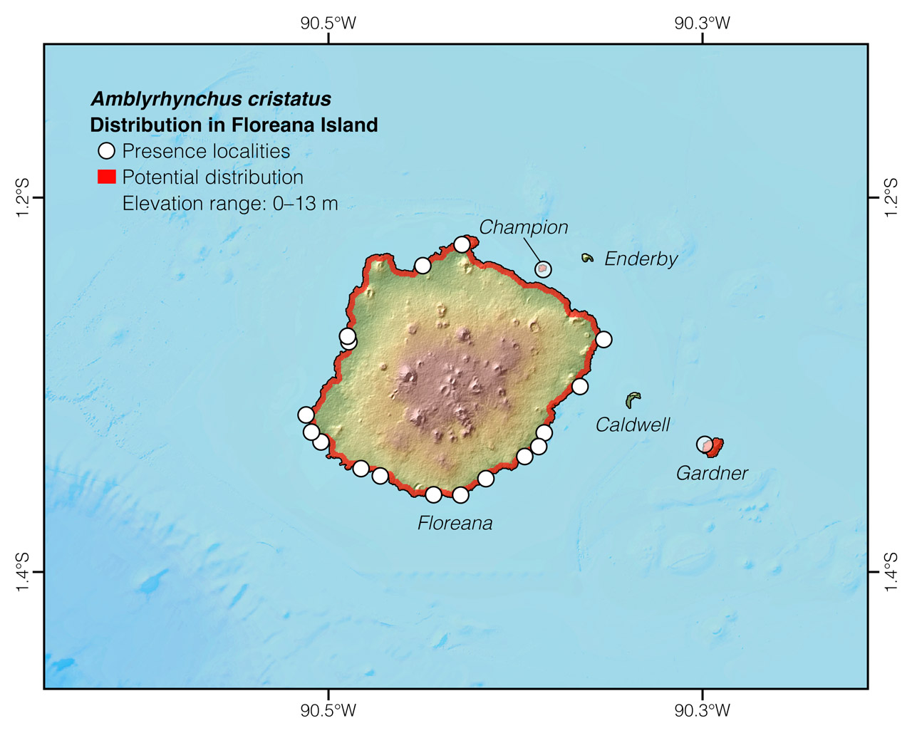 Distribution of Amblyrhynchus cristatus in and around Floreana Island