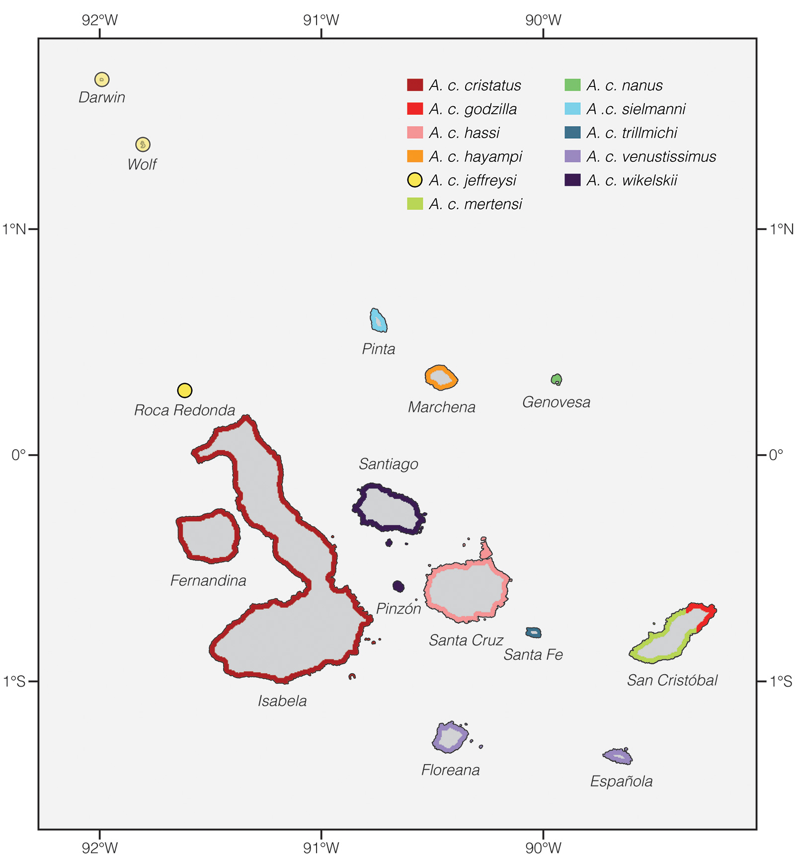 Distribution of the subspecies of Amblyrhynchus cristatus