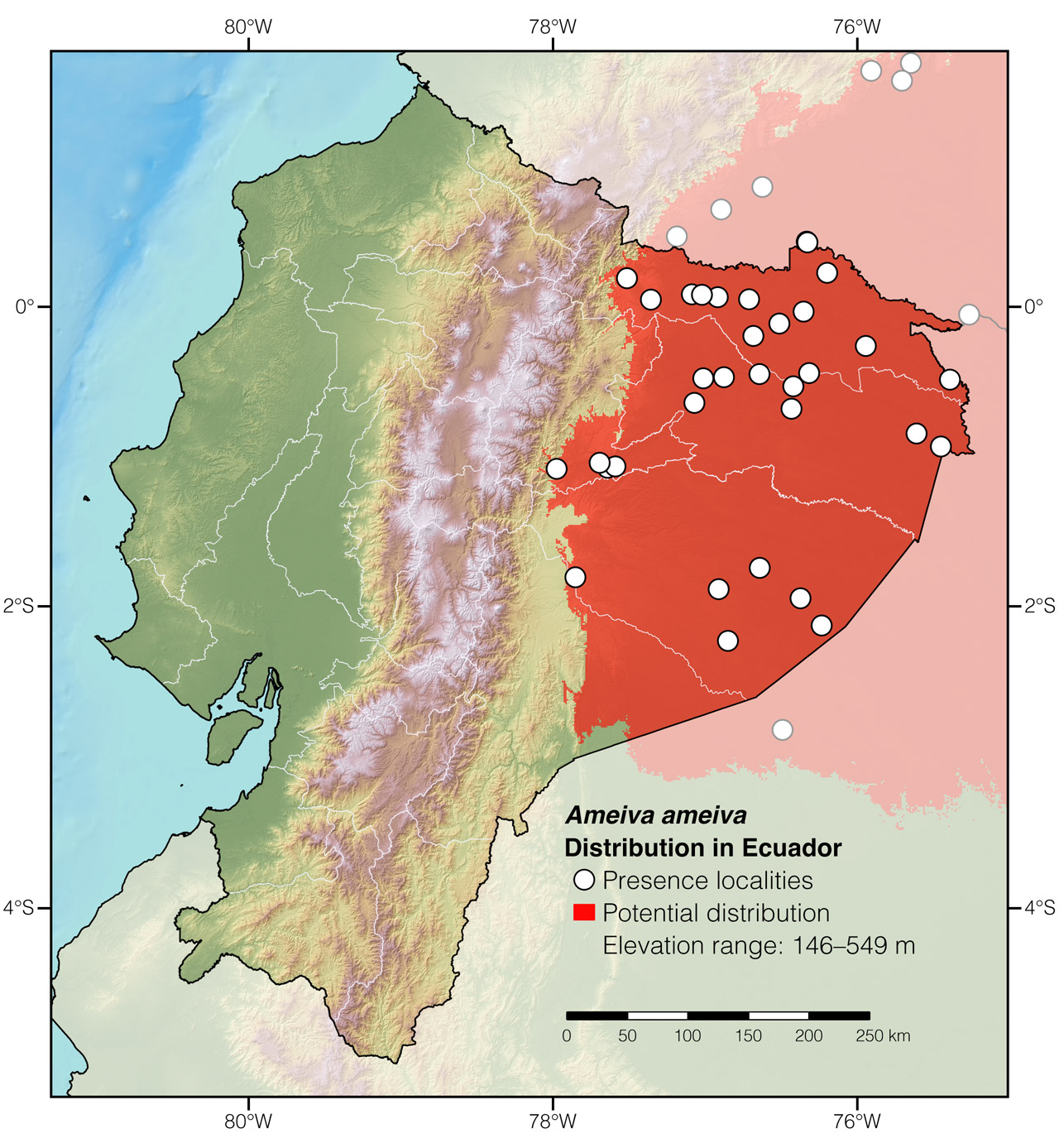 Distribution of Ameiva ameiva in Ecuador