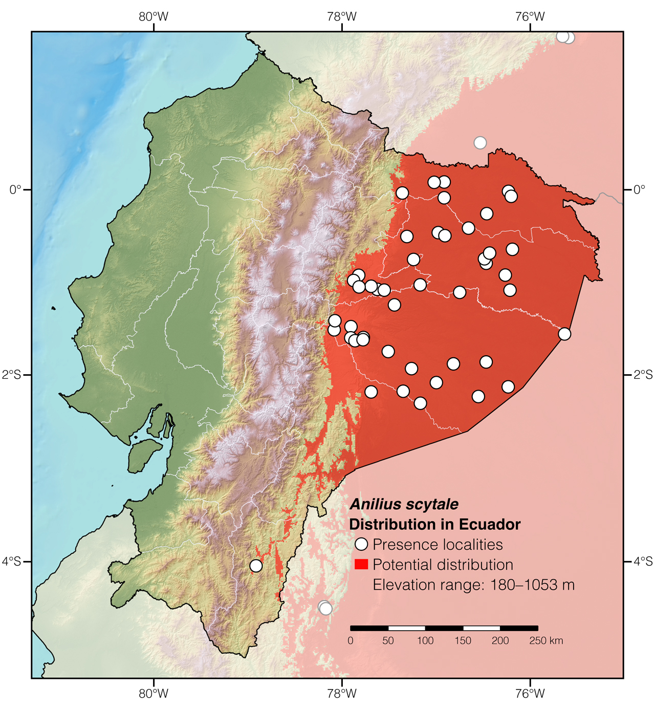 Distribution of Anilius scytale in Ecuador