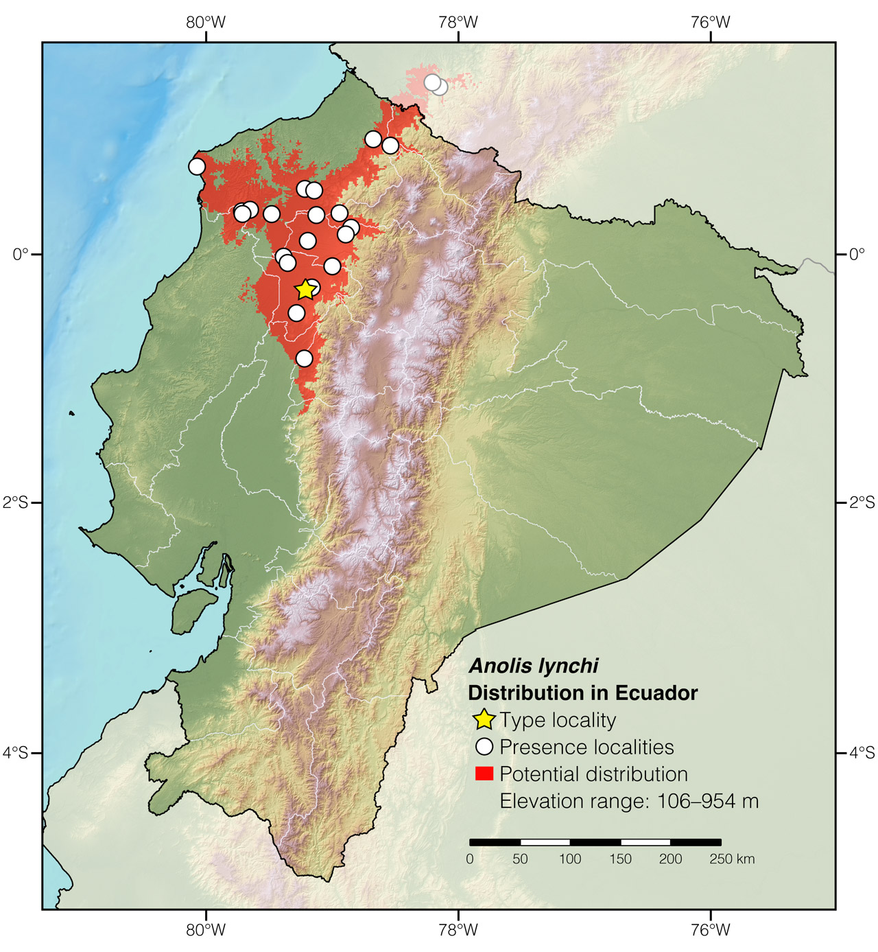 Distribution of Anolis lynchi in Ecuador
