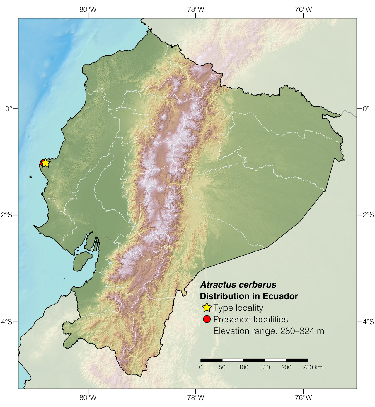 Distribution of Atractus cerberus in Ecuador