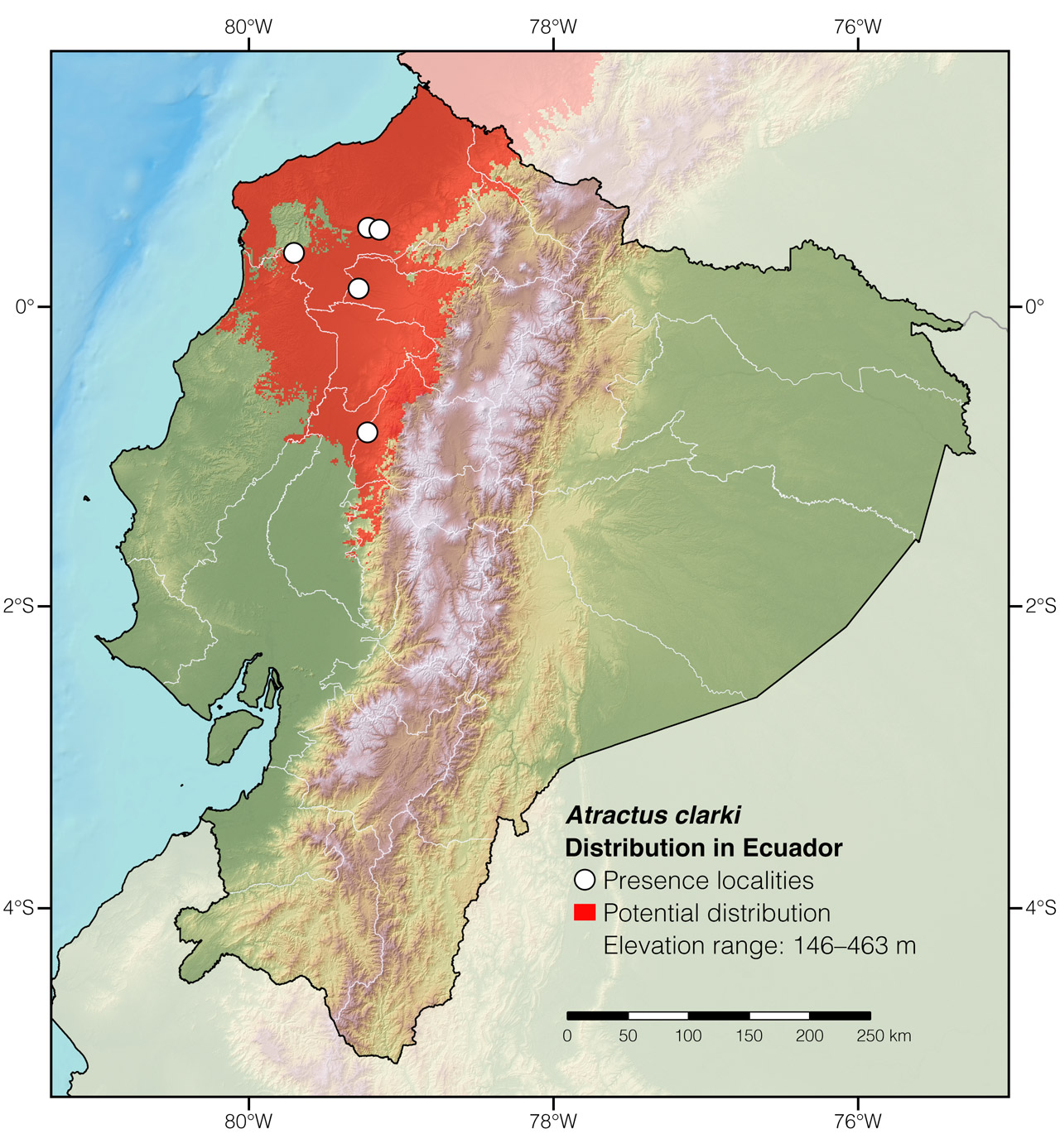 Distribution of Atractus clarki in Ecuador
