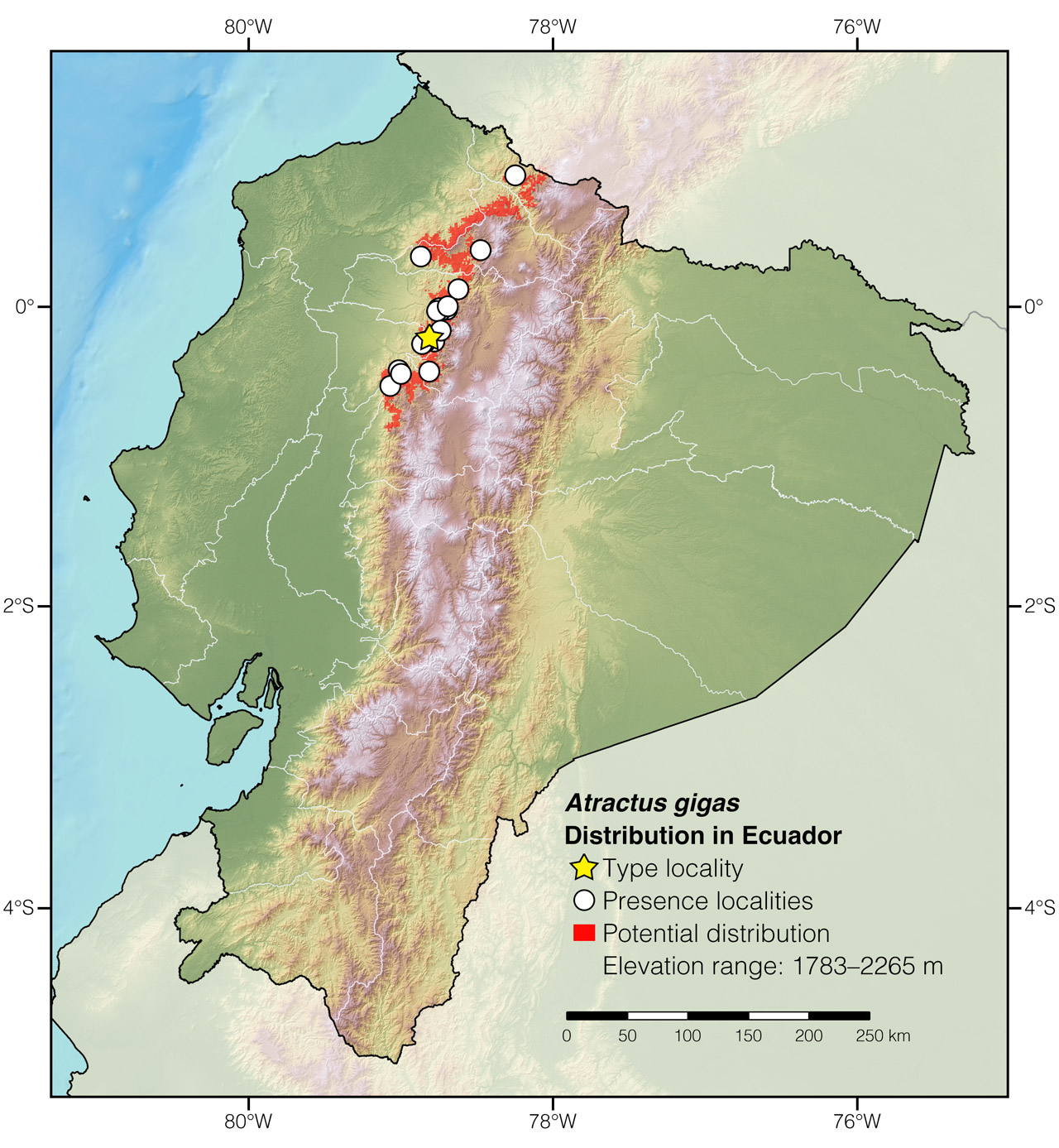 Distribution of Atractus gigas in Ecuador