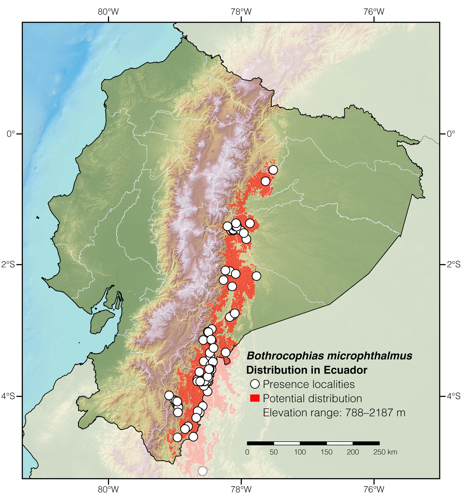 Distribution of Bothrocophias microphthalmus in Ecuador