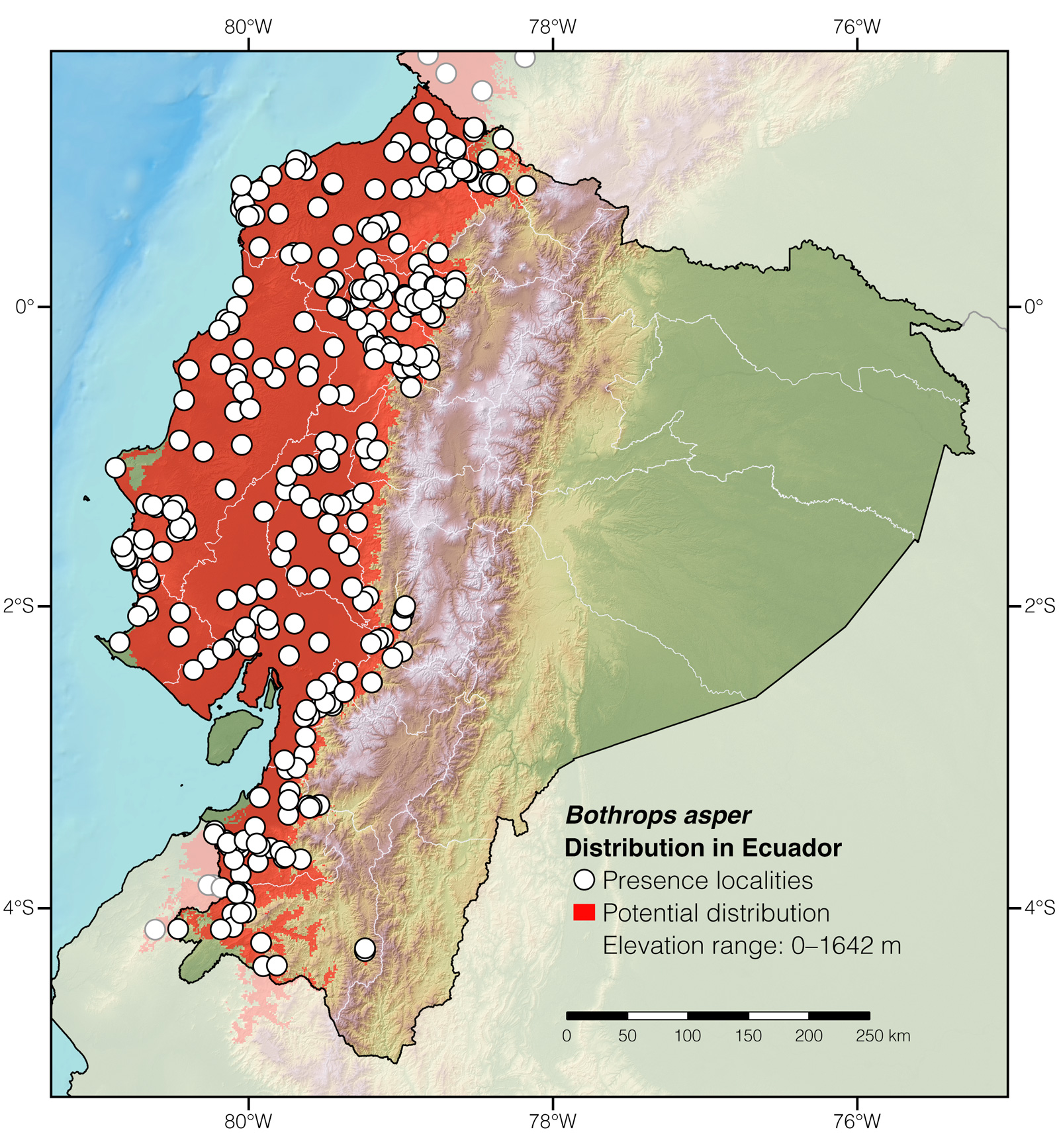 Distribution of Bothrops asper in Ecuador