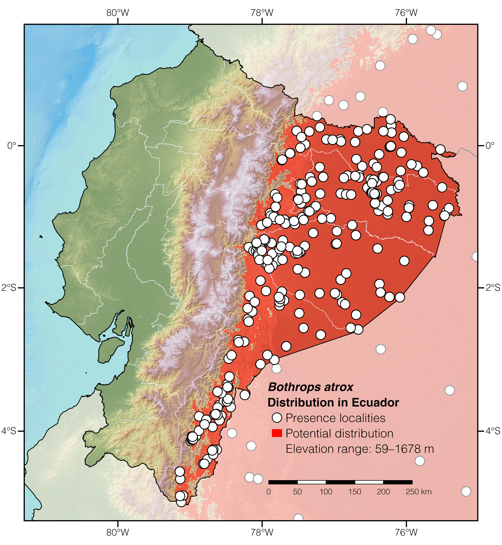 Distribution of Bothrops atrox in Ecuador