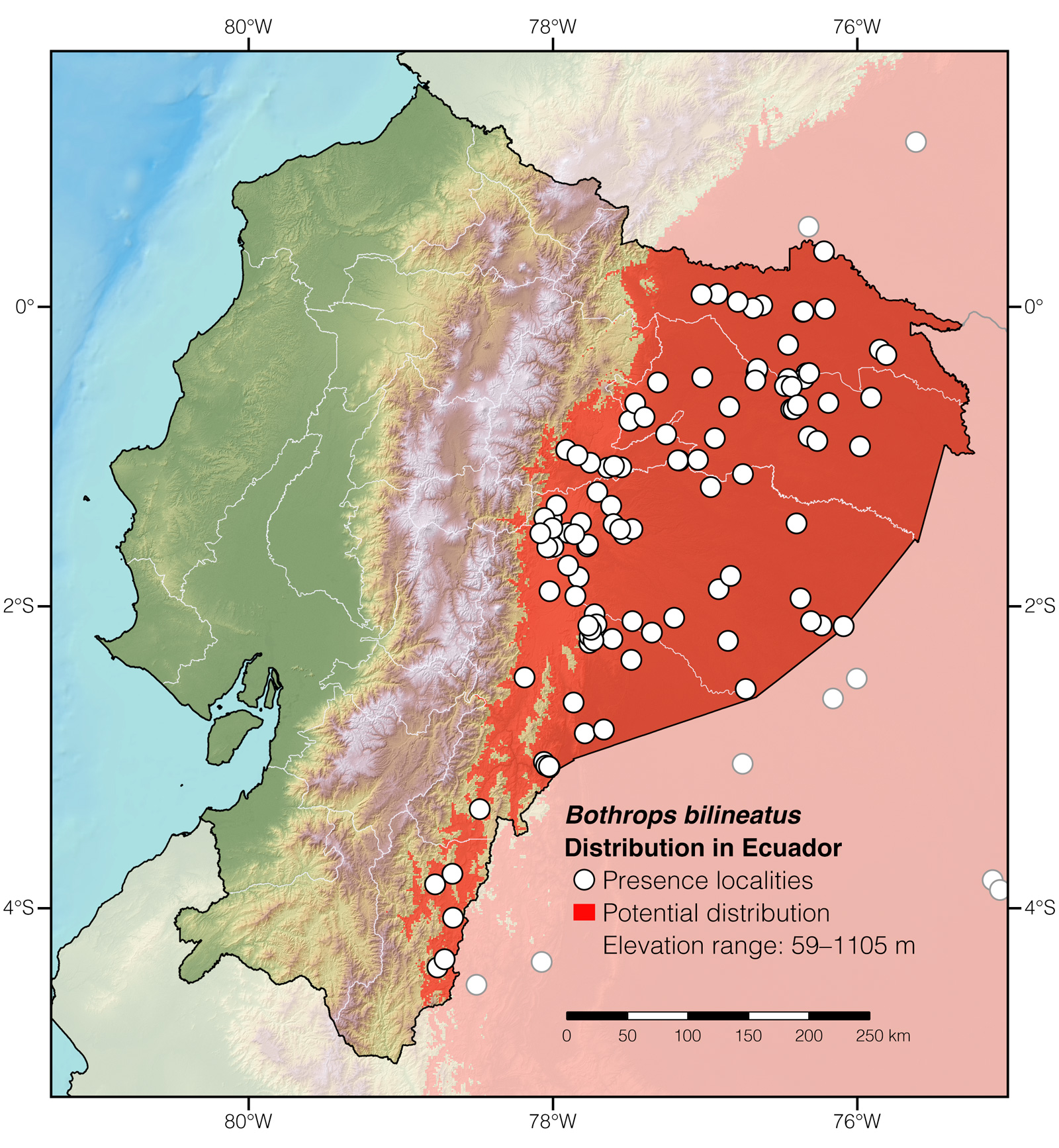 Distribution of Bothrops bilineatus in Ecuador
