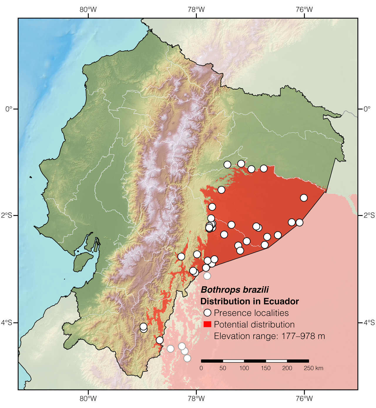 Distribution of Bothrops brazili in Ecuador