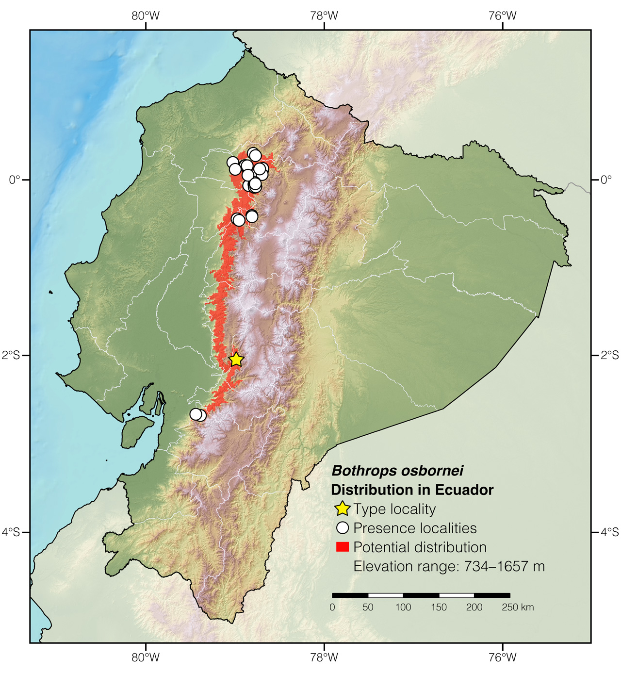 Distribution of Bothrops osbornei in Ecuador