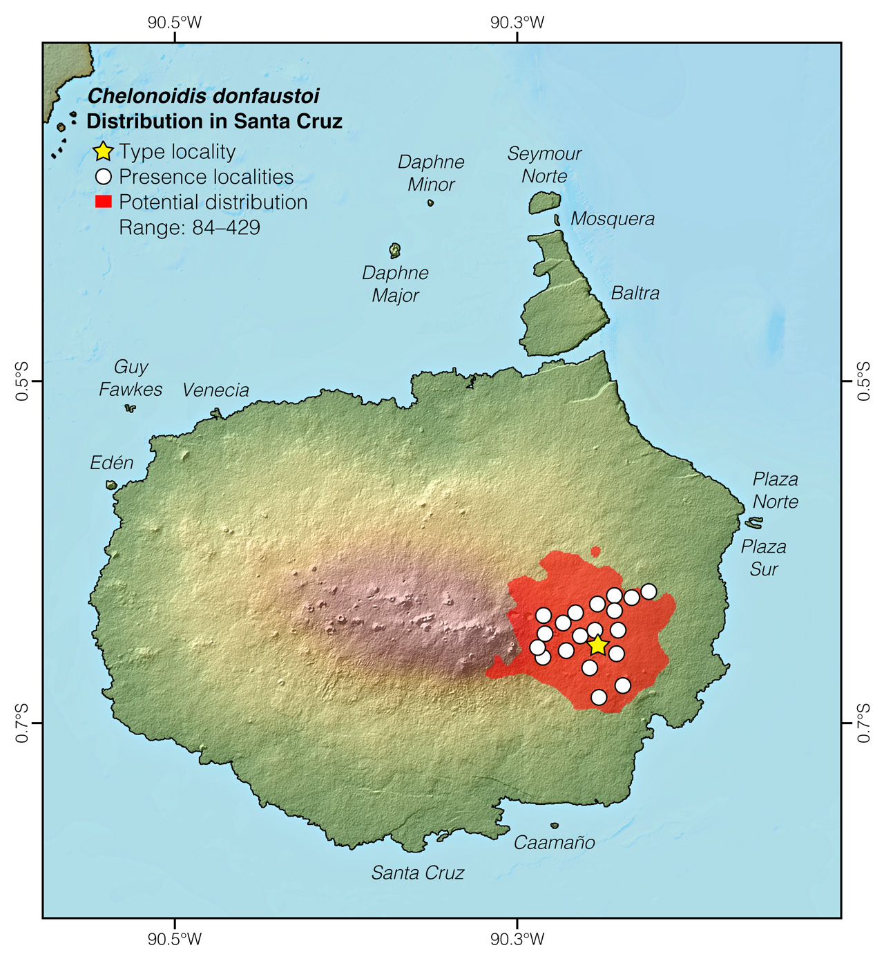 Distribution of Chelonoidis donfaustoi in Santa Cruz Island