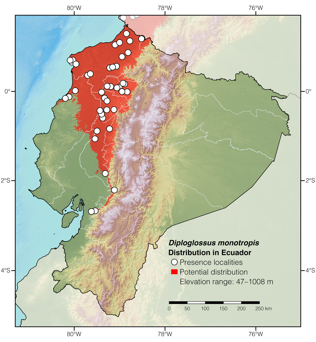 Distribution of Diploglossus monotropis in Ecuador