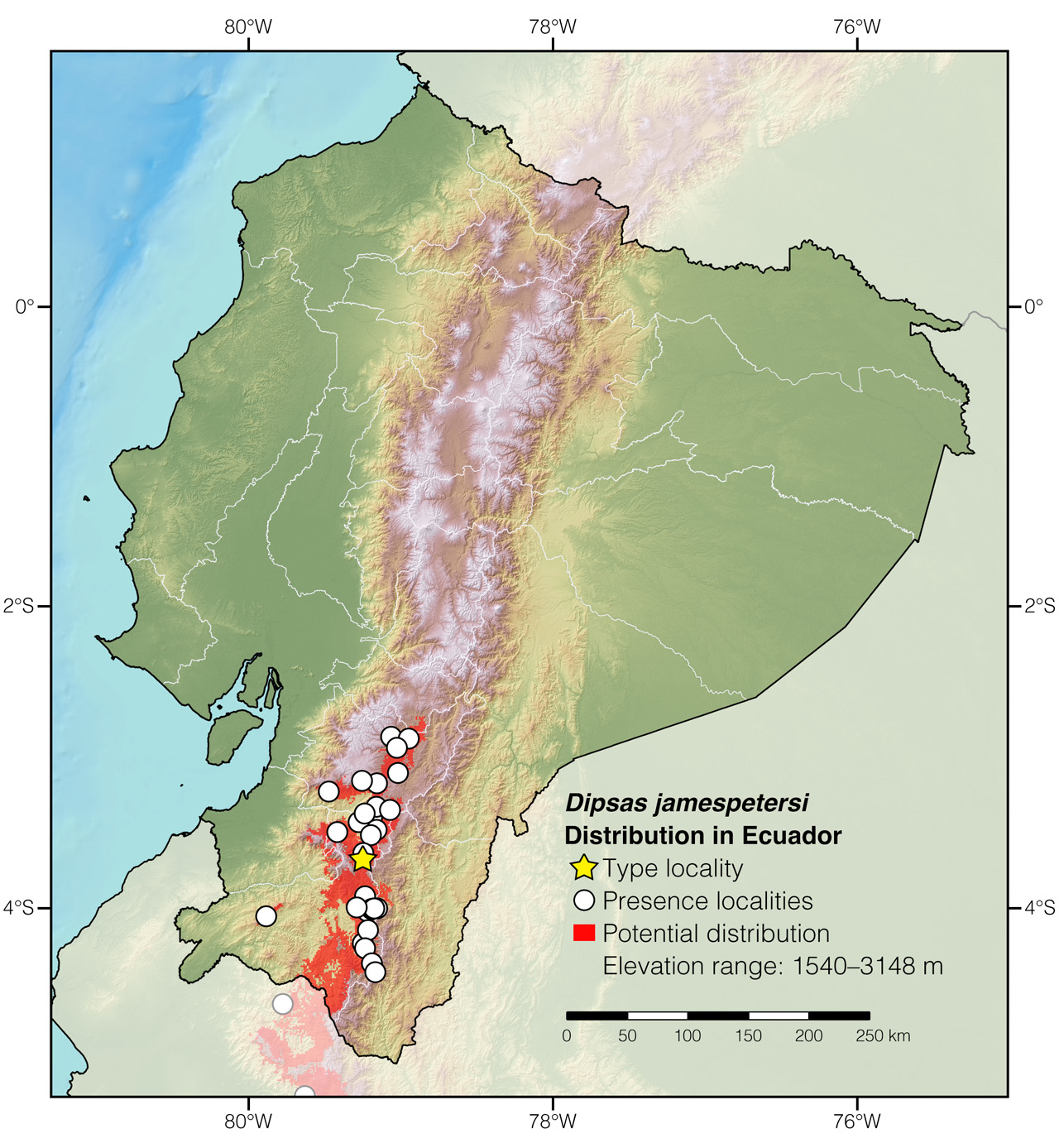 Distribution of Dipsas jamespetersi in Ecuador