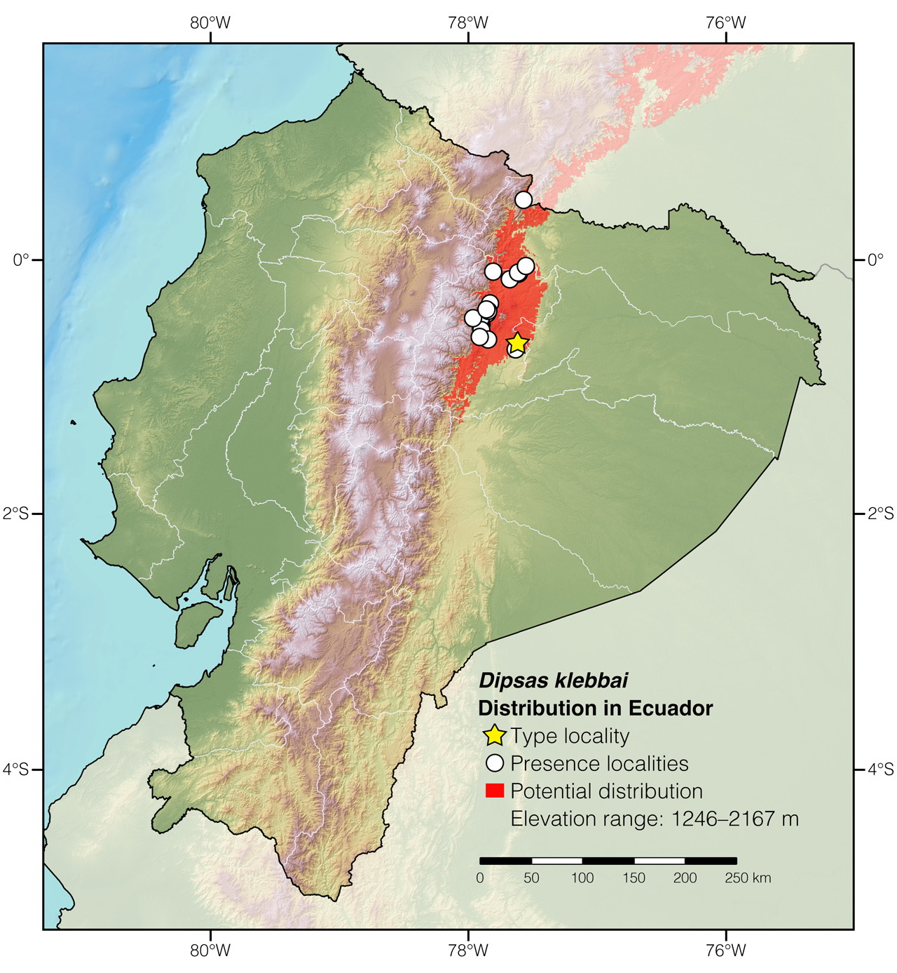 Distribution of Dipsas klebbai in Ecuador