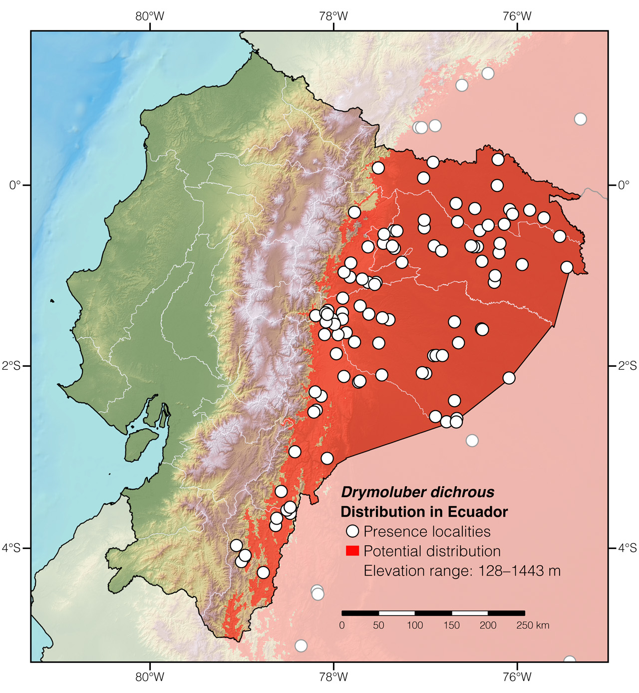 Distribution of Drymoluber dichrous in Ecuador