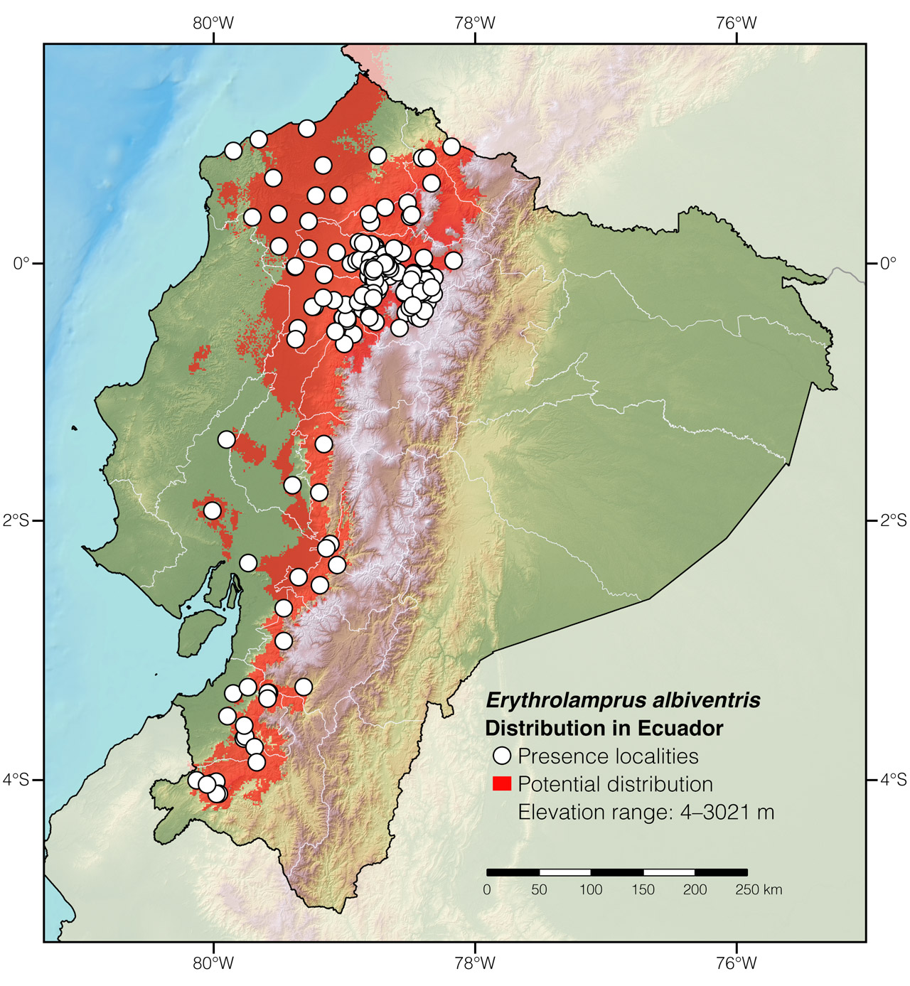 Distribution of Erythrolamprus albiventris in Ecuador