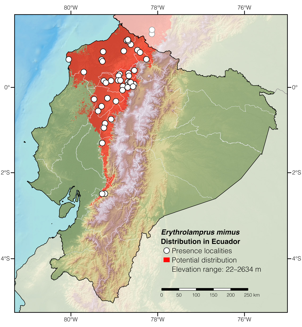 Distribution of Erythrolamprus mimus in Ecuador