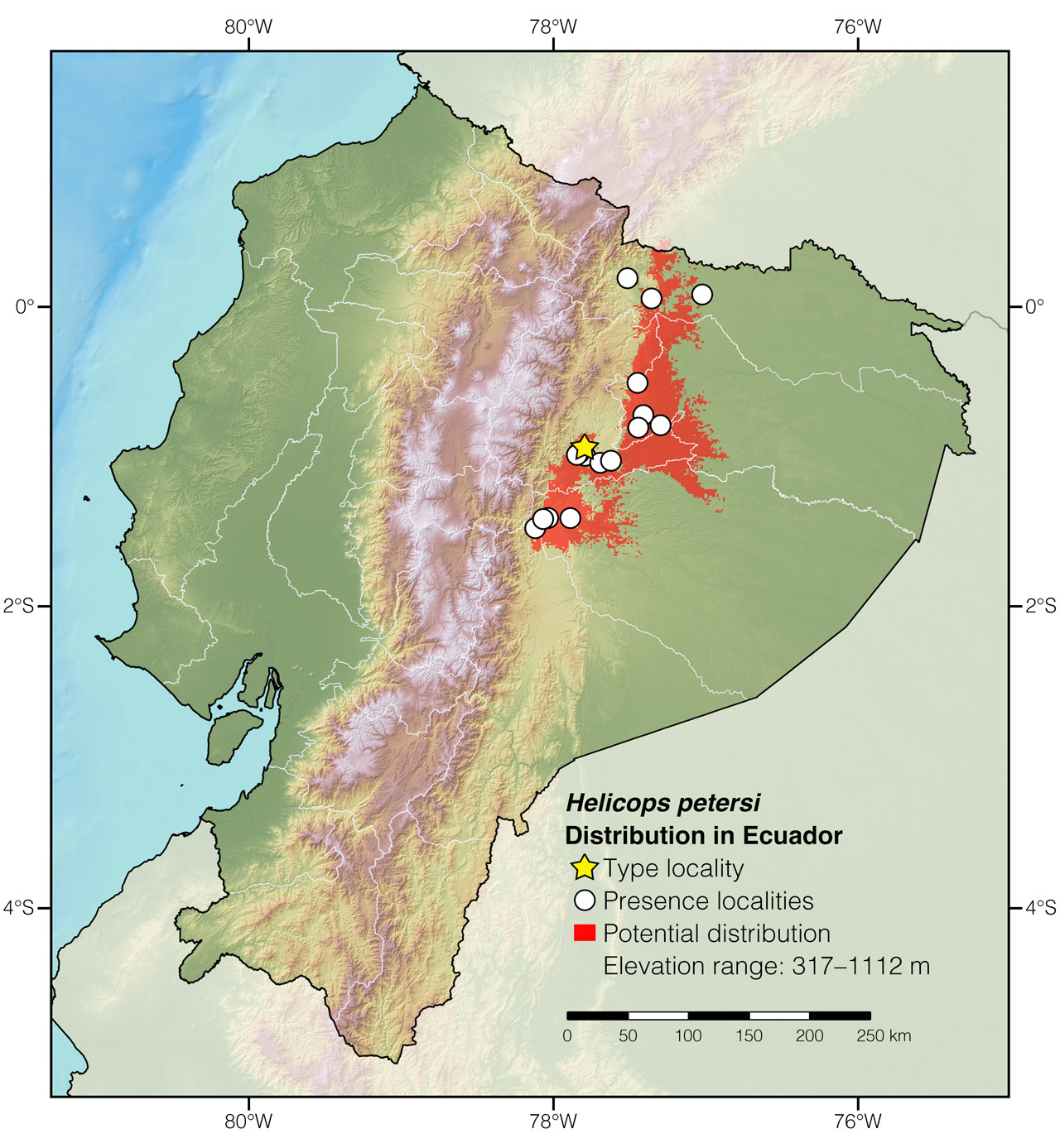 Distribution of Helicops petersi in Ecuador