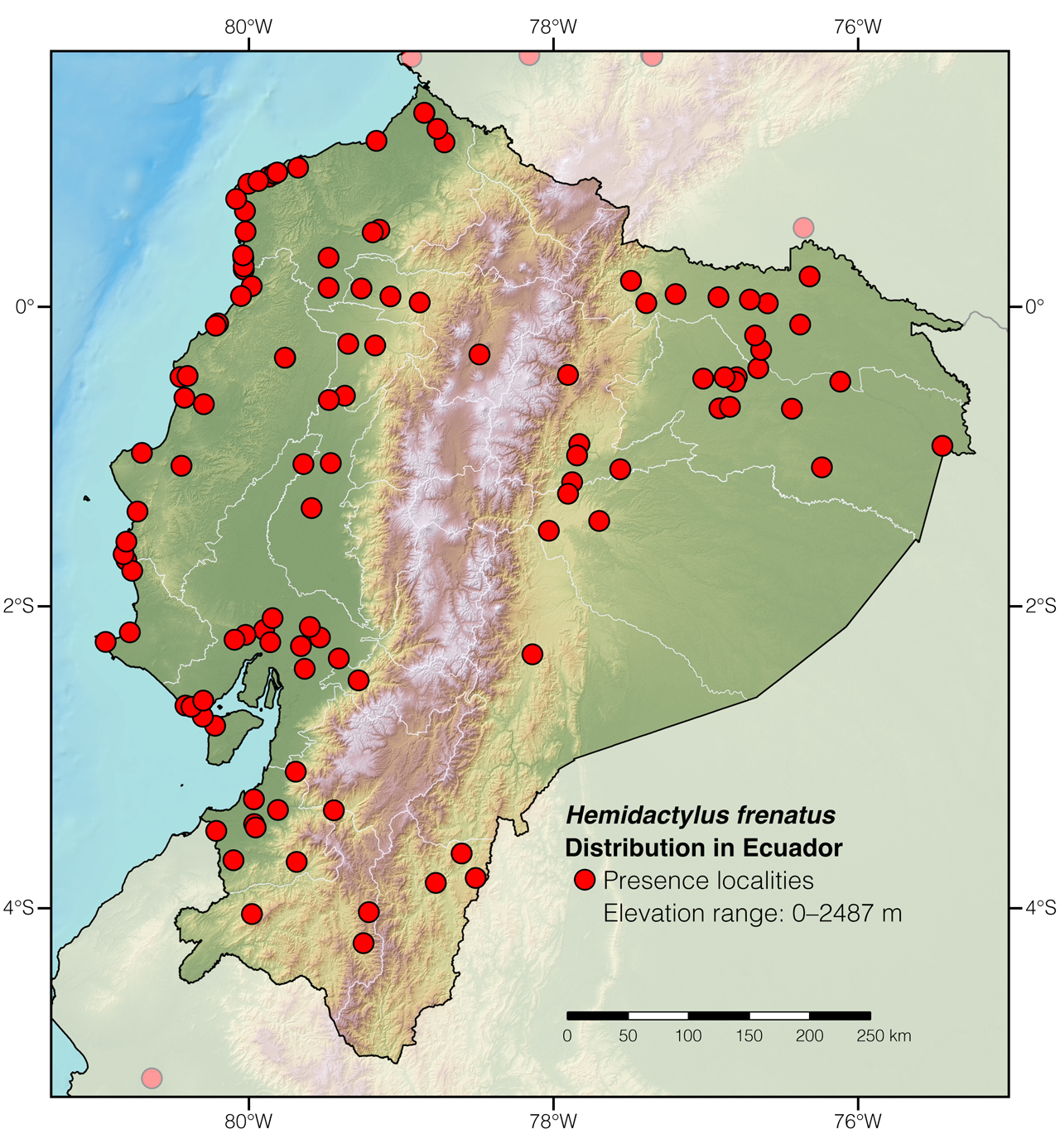 Distribution of Hemidactylus frenatus in mainland Ecuador