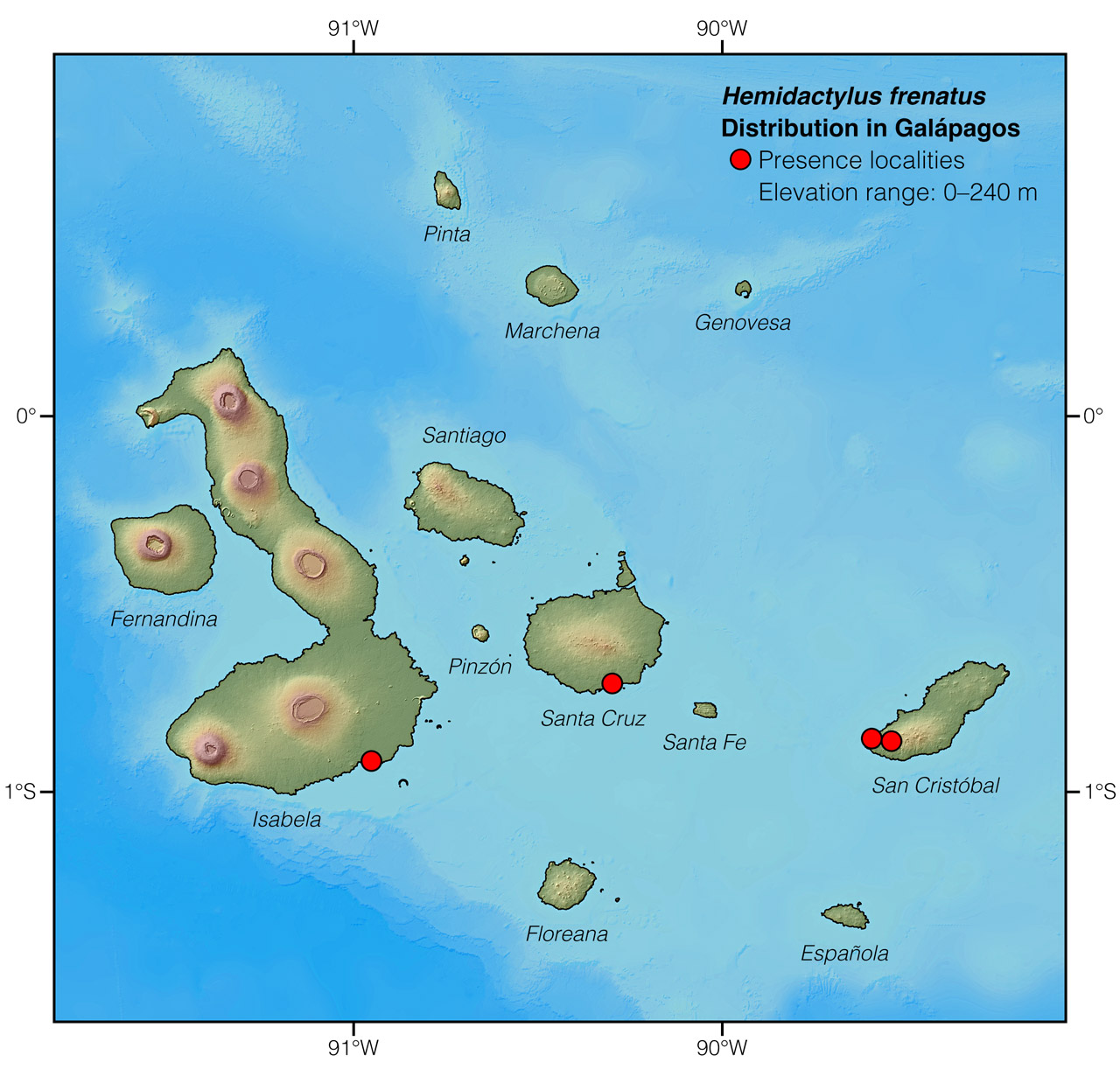 Distribution of Hemidactylus frenatus in Galápagos