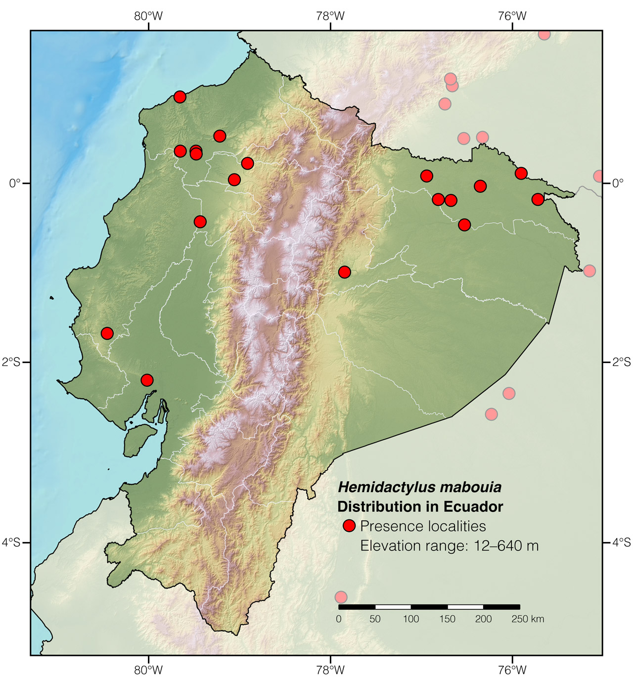 Distribution of Hemidactylus mabouia in Ecuador