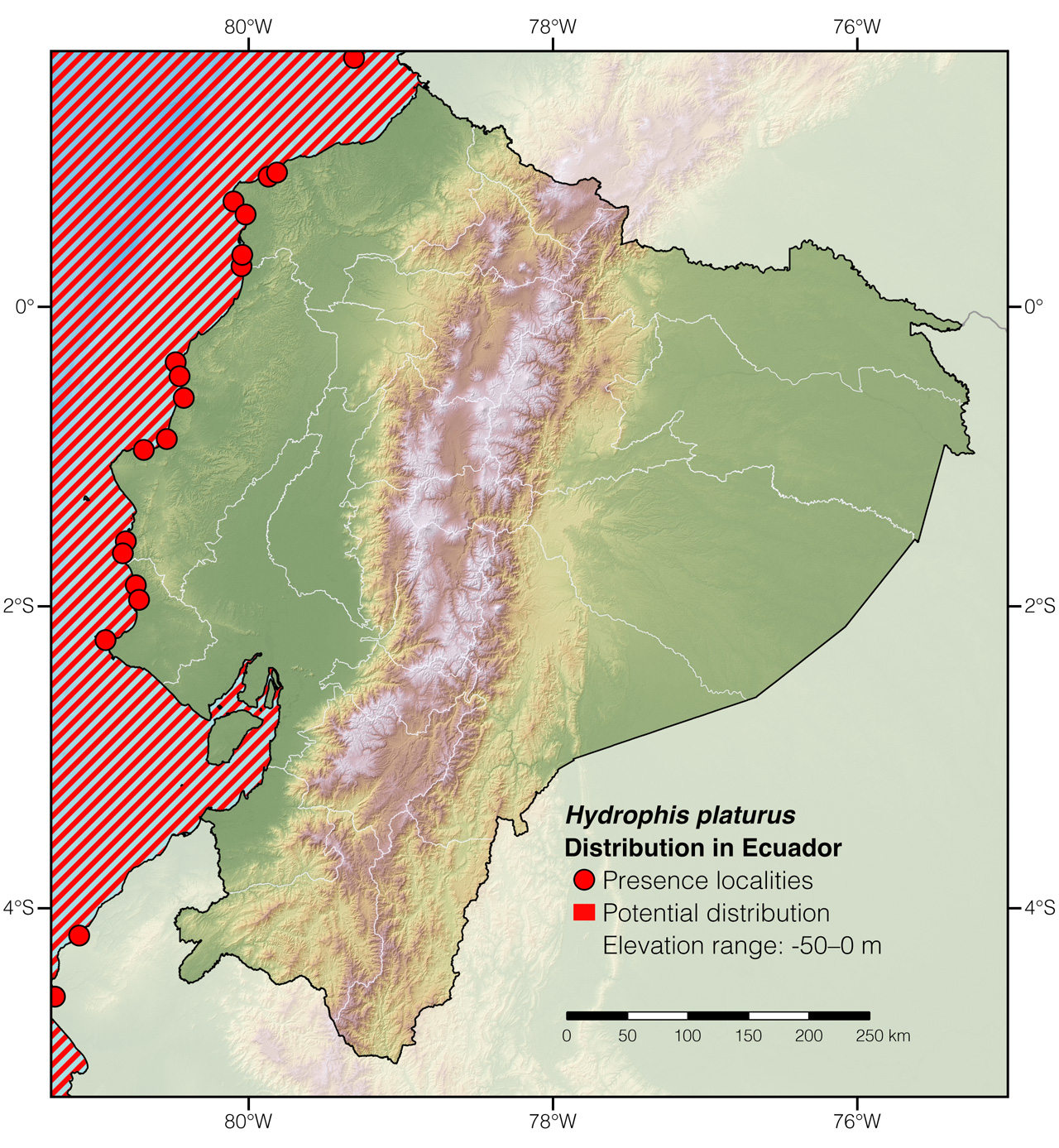 Distribution of Hydrophis platurus in mainland Ecuador