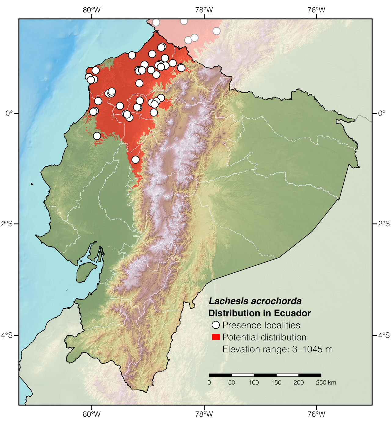 Distribution of Lachesis acrochorda in Ecuador