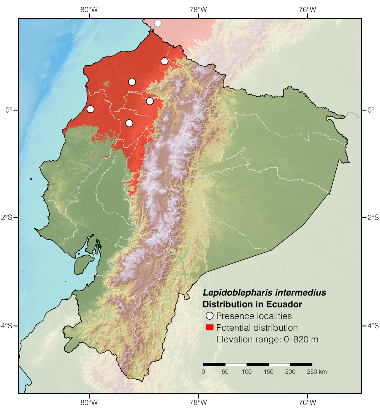 Distribution of Lepidoblepharis intermedius in Ecuador