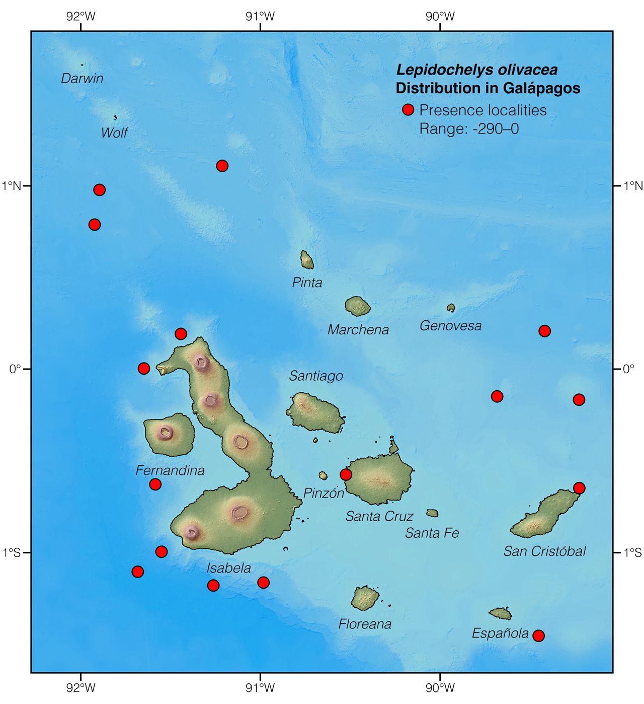 Distribution of Lepidochelys olivacea in Galápagos