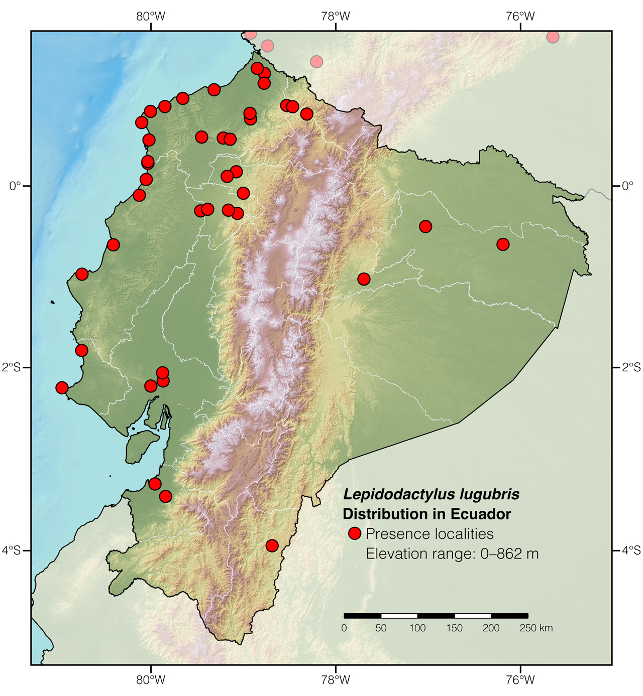 Distribution of Lepidodactylus lugubris in mainland Ecuador