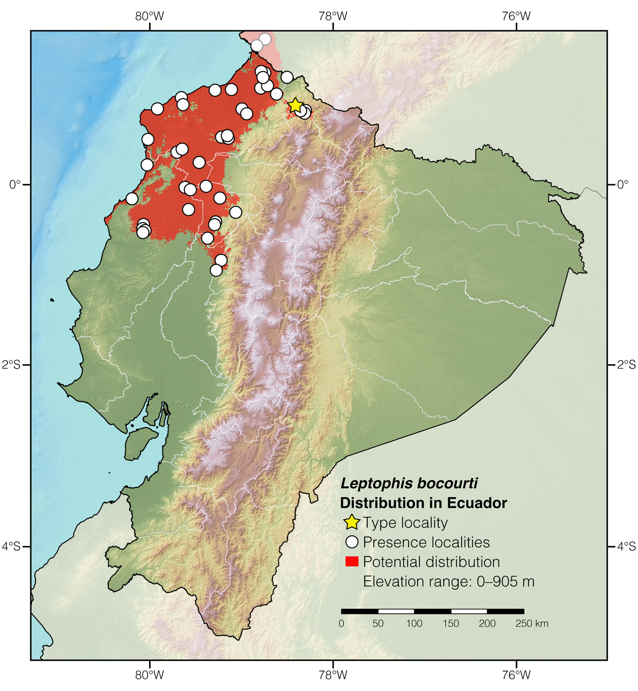 Distribution of Leptophis bocourti in Ecuador
