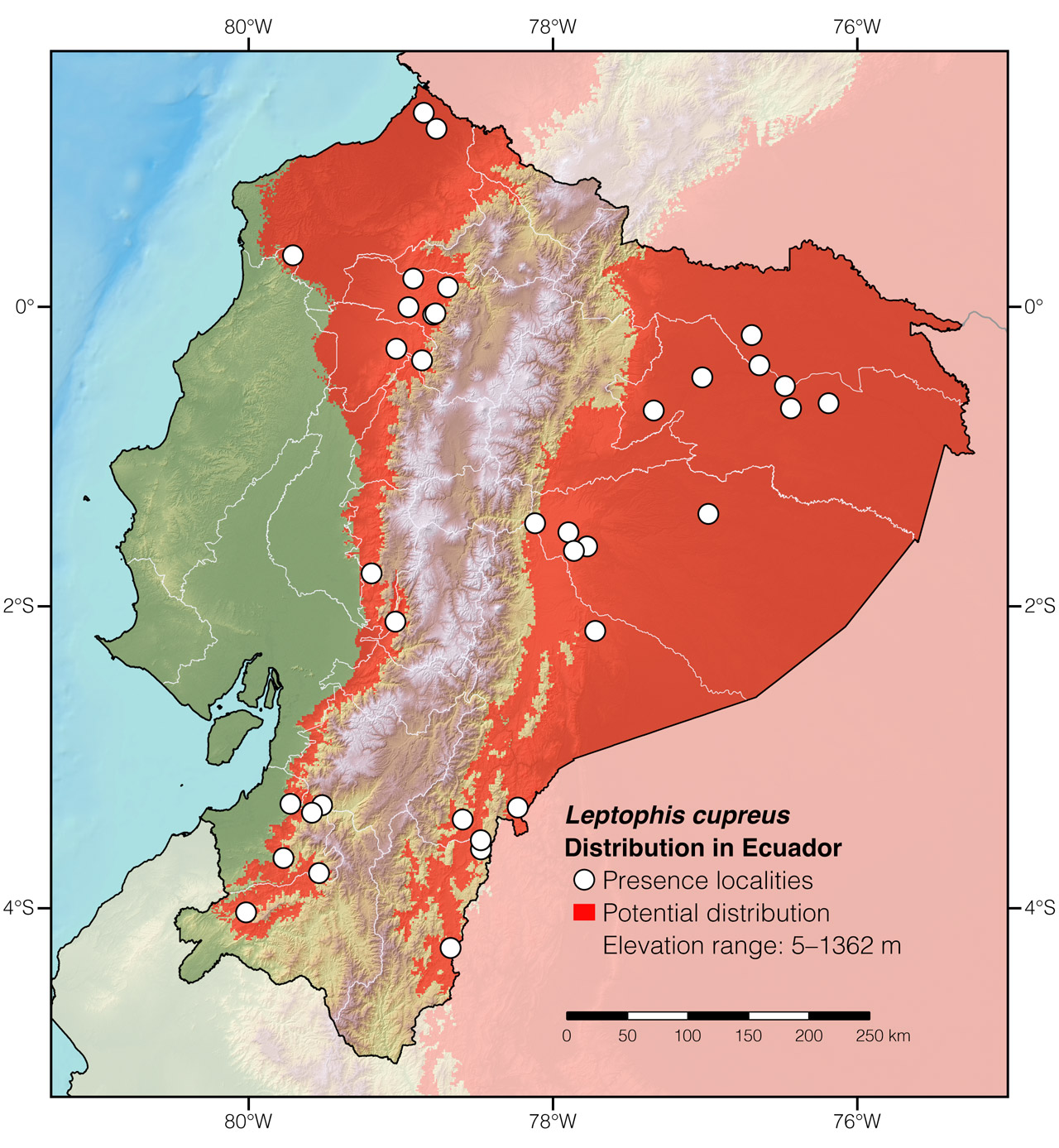 Distribution of Leptophis cupreus in Ecuador