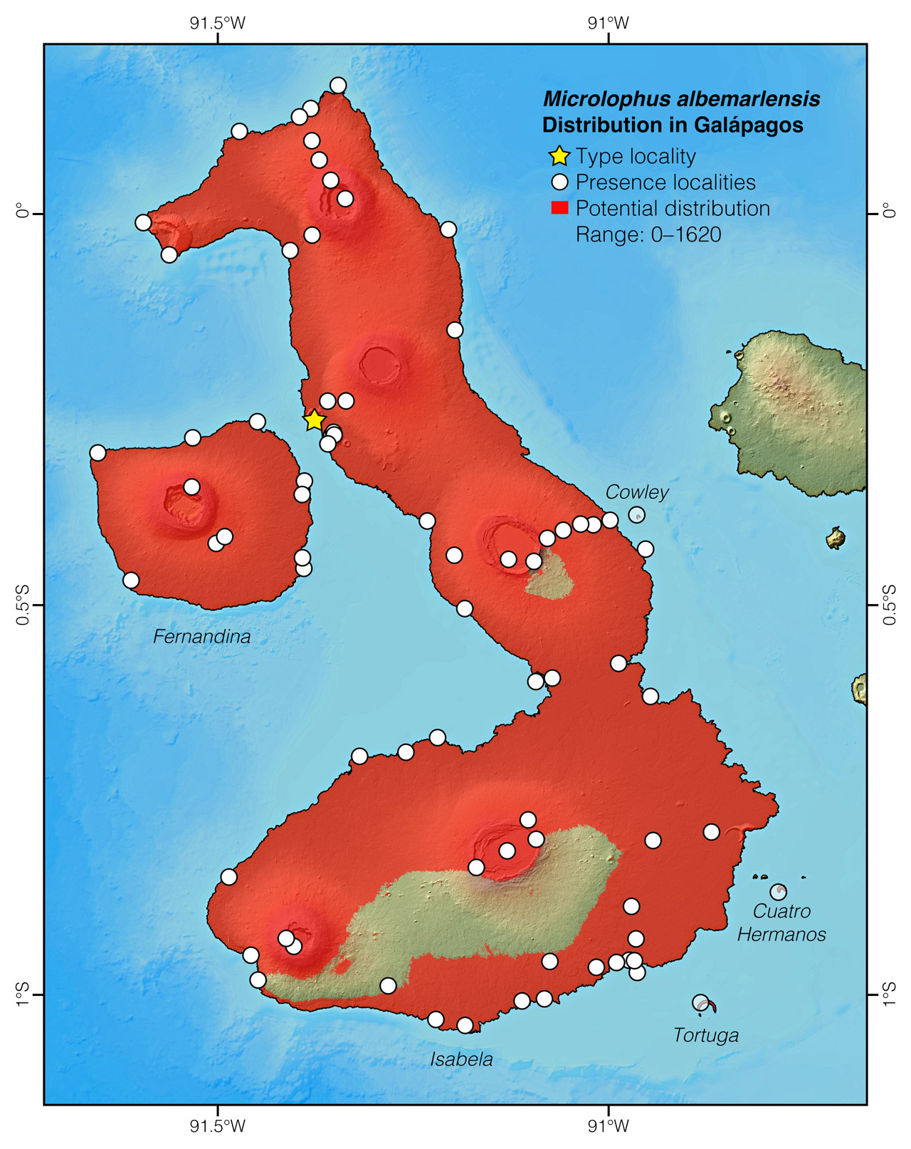 Distribution of Microlophus albemarlensis in Ecuador