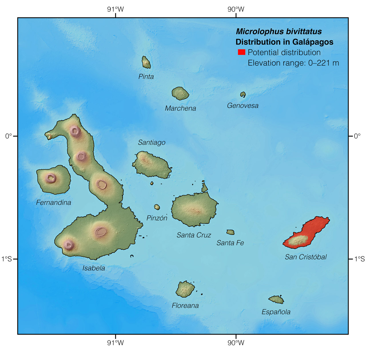 Distribution of Microlophus bivittatus in Galápagos