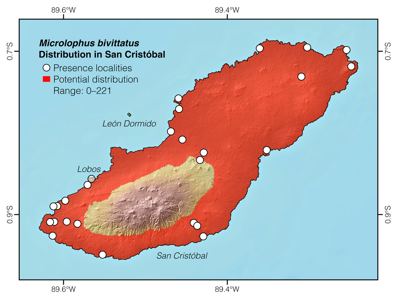 Distribution of Microlophus bivittatus in San Cristóbal Island