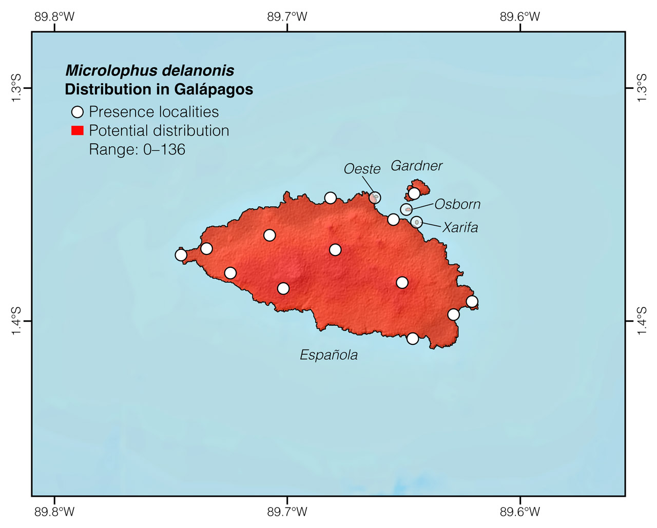 Distribution of Microlophus delanonis in Española Island