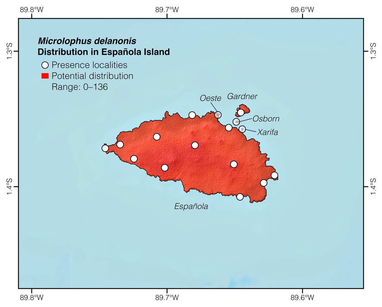 Distribution of Microlophus delanonis in Española Island