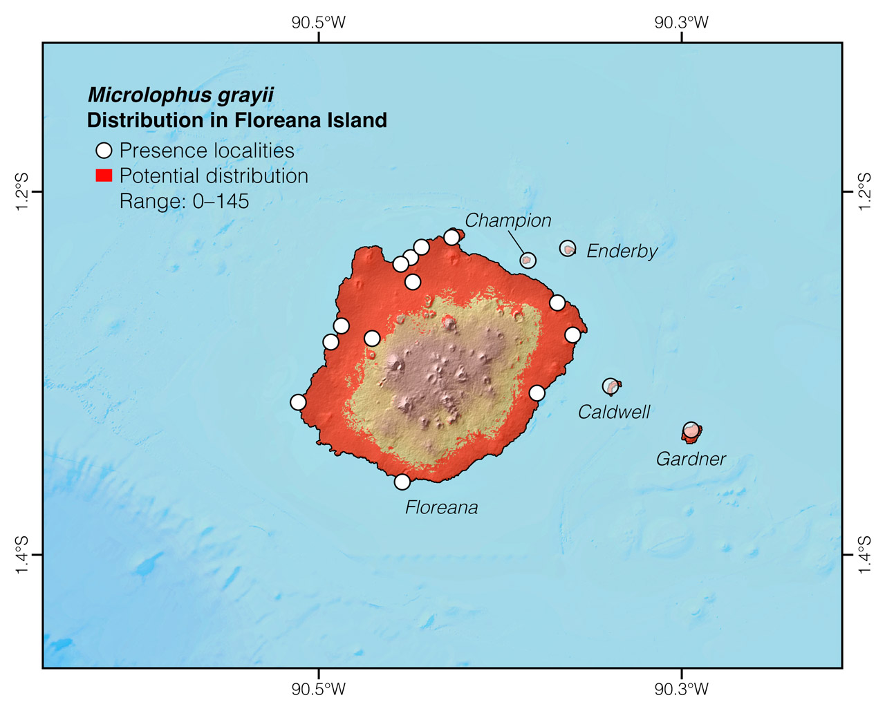 Distribution of Microlophus grayii in Floreana Island