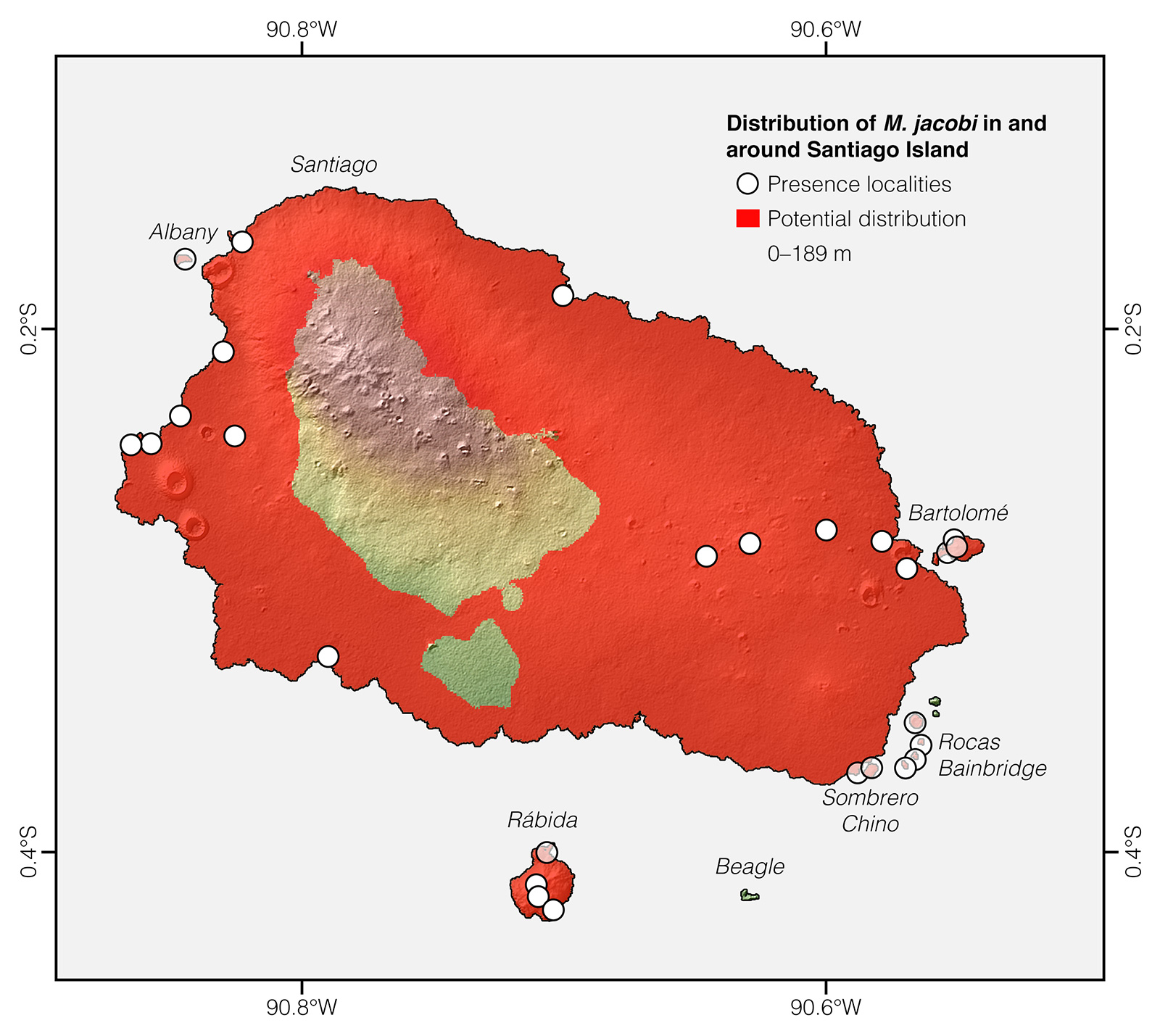 Distribution of Microlophus jacobi in and around Santiago Island