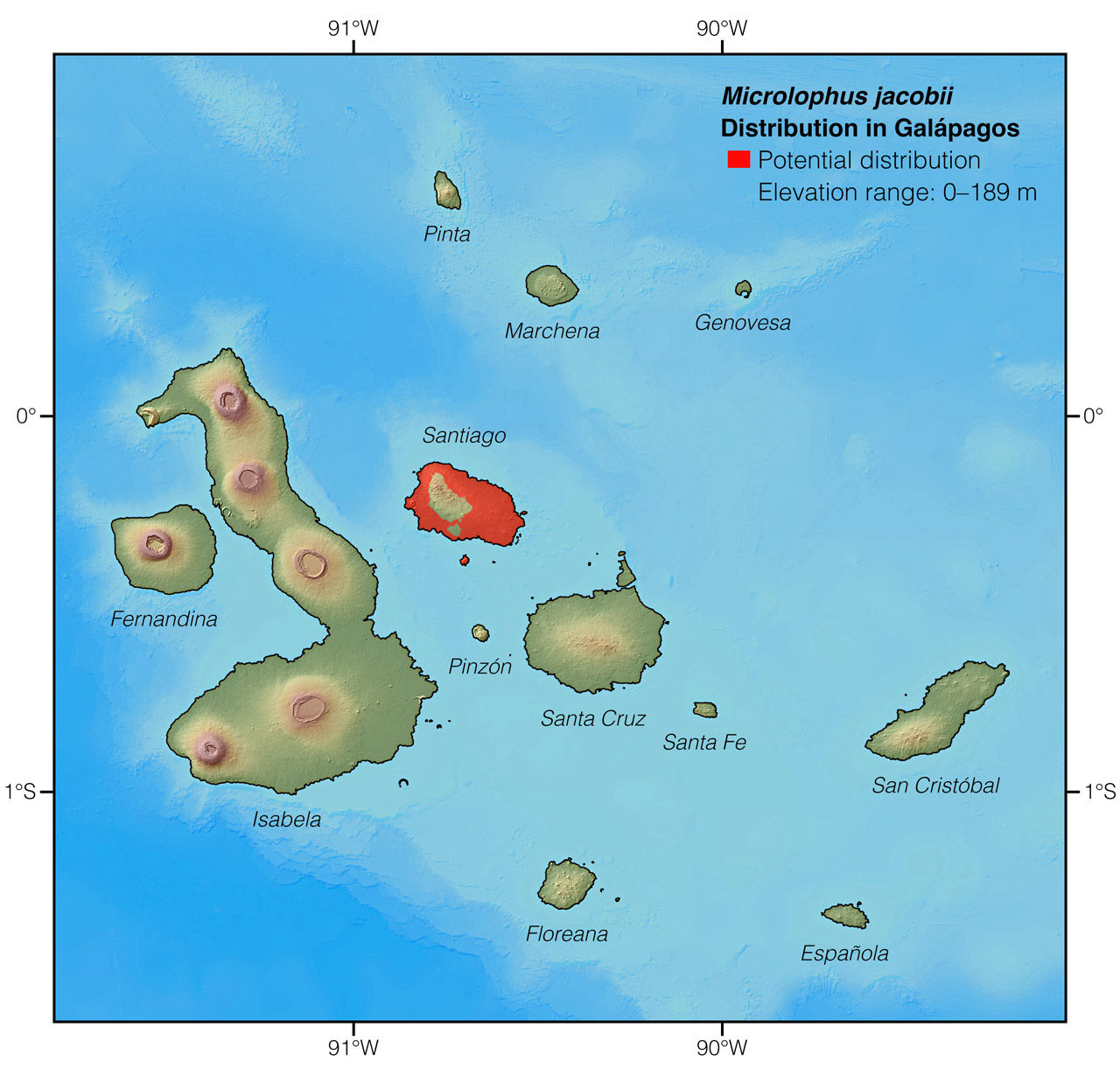 Distribution of Microlophus jacobii in Galápagos