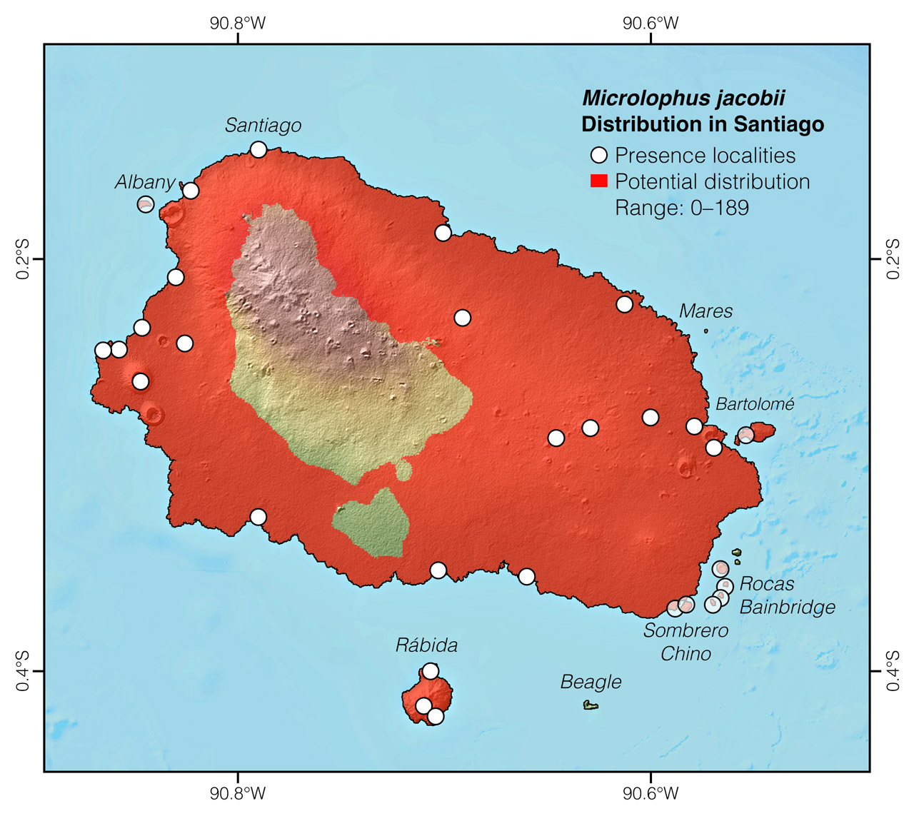 Distribution of Microlophus jacobii in Santiago Island