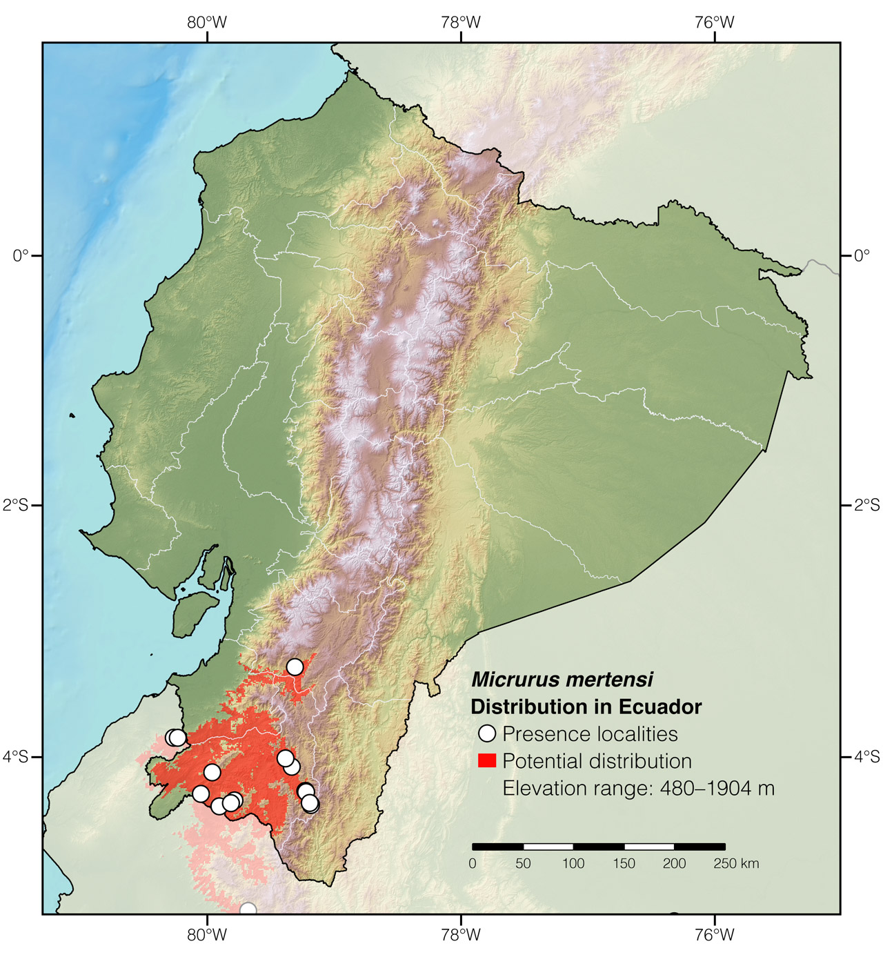 Distribution of Micrurus mertensi in Ecuador
