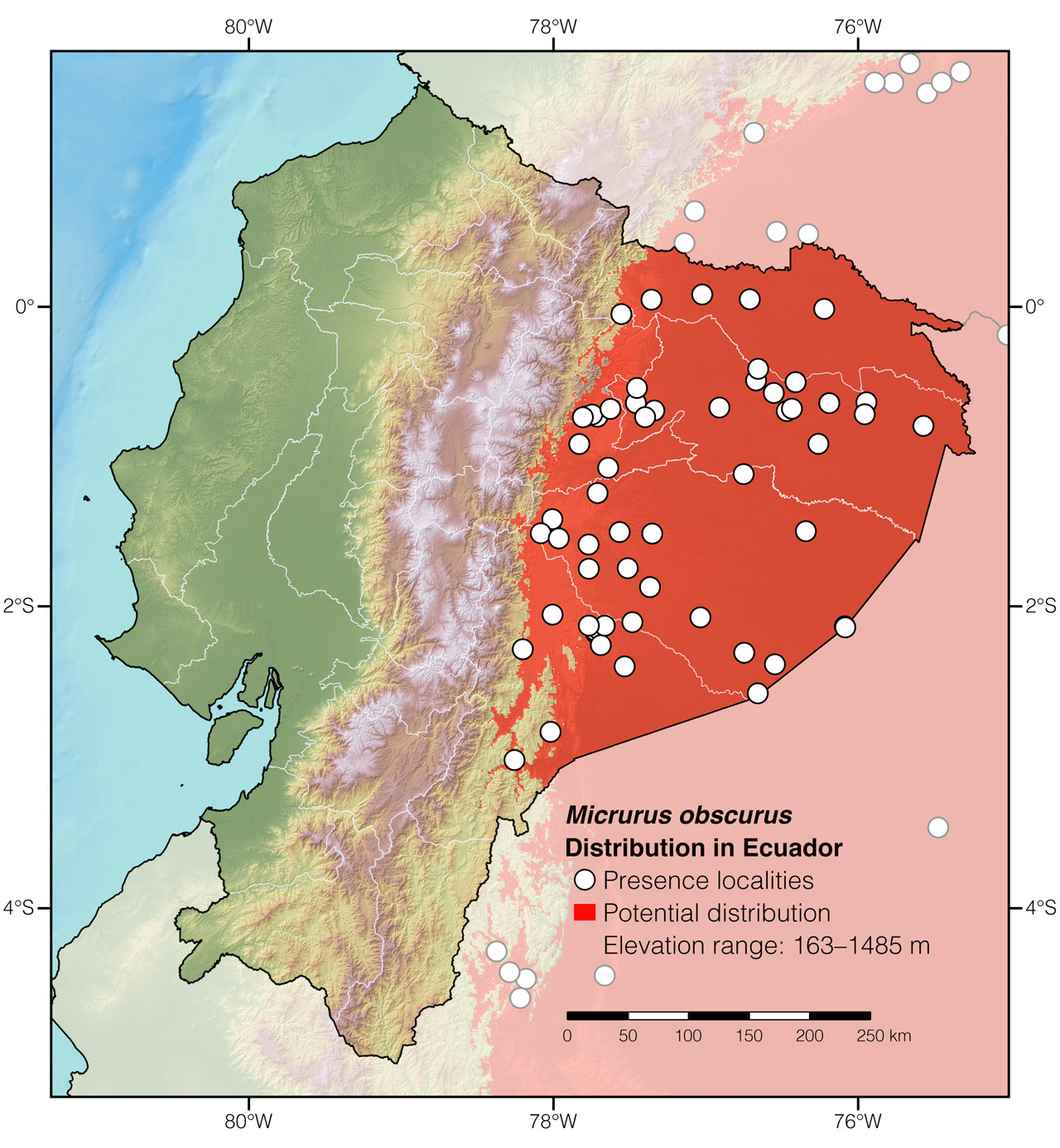 Distribution of Micrurus obscurus in Ecuador