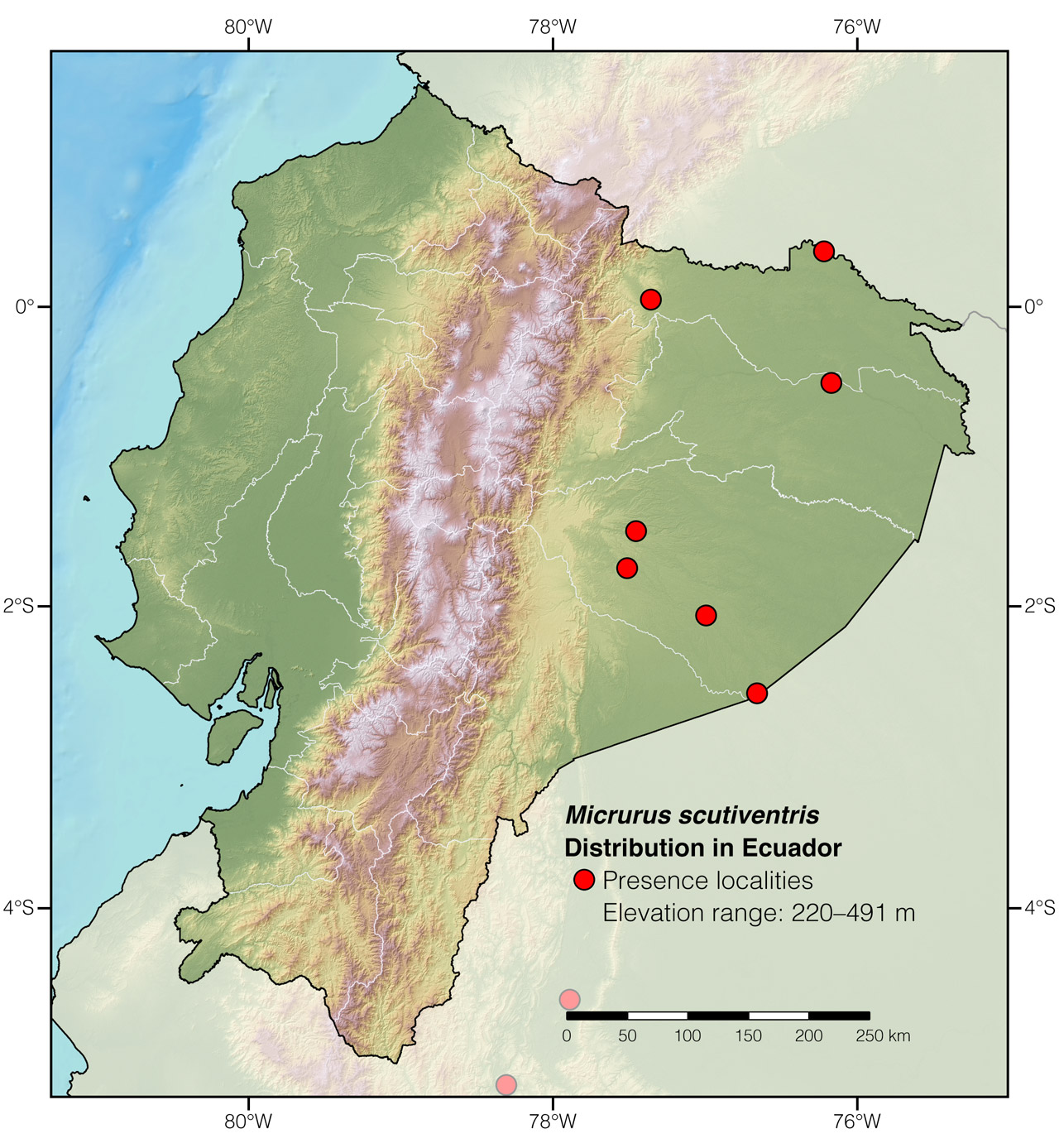 Distribution of Micrurus scutiventris in Ecuador