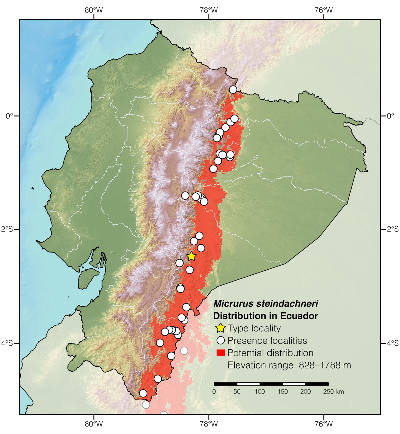 Distribution of Micrurus steindachneri in Ecuador