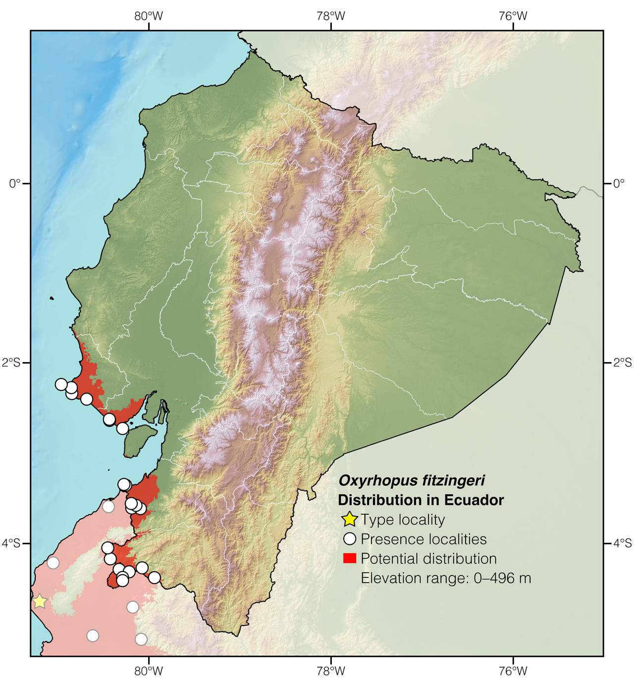 Distribution of Oxyrhopus fitzingeri in Ecuador