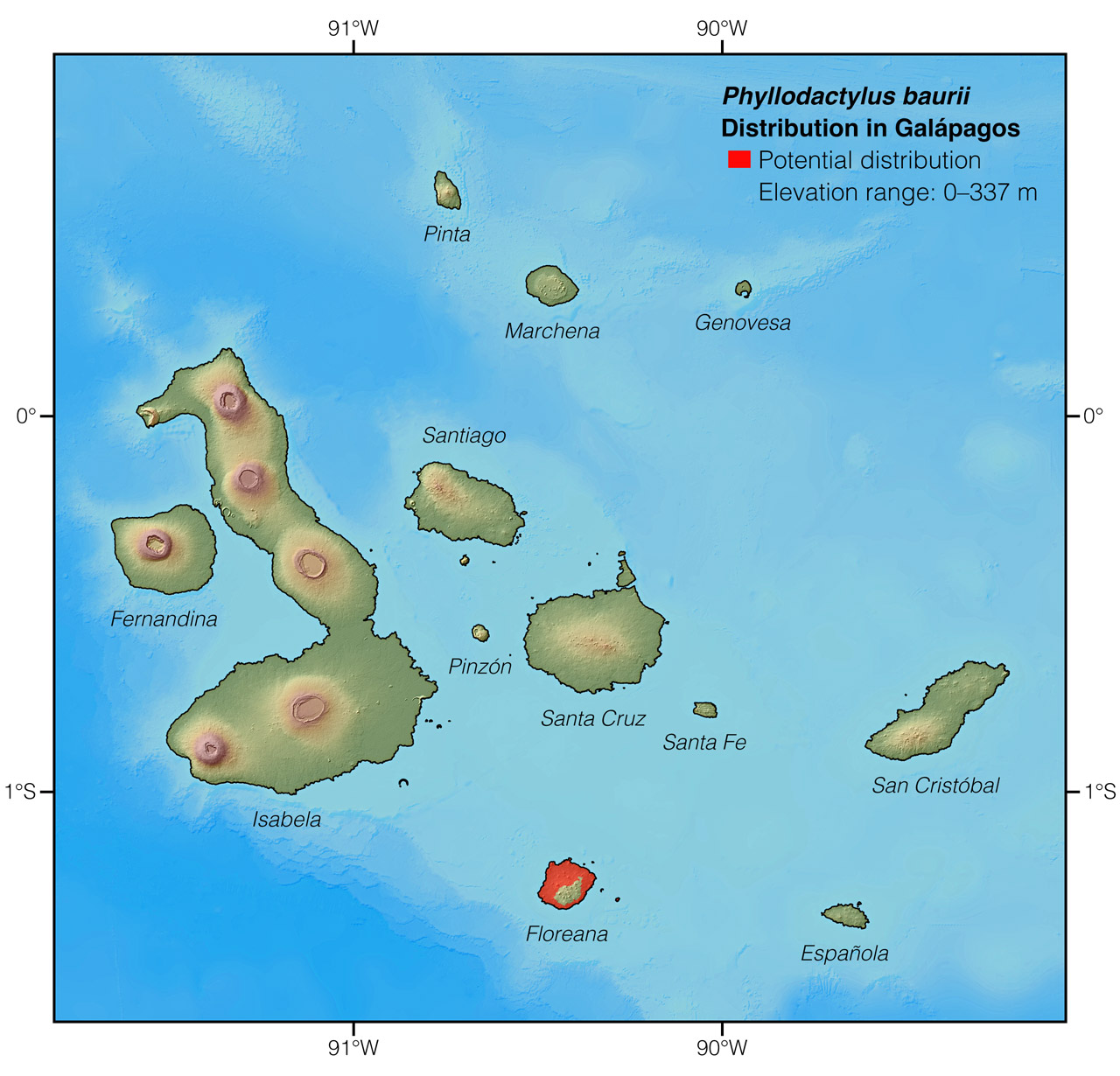Distribution of Phyllodactylus baurii in Galápagos