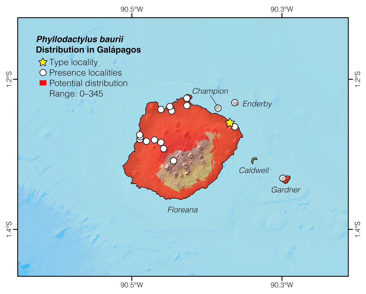 Distribution of Phyllodactylus baurii in Floreana Island