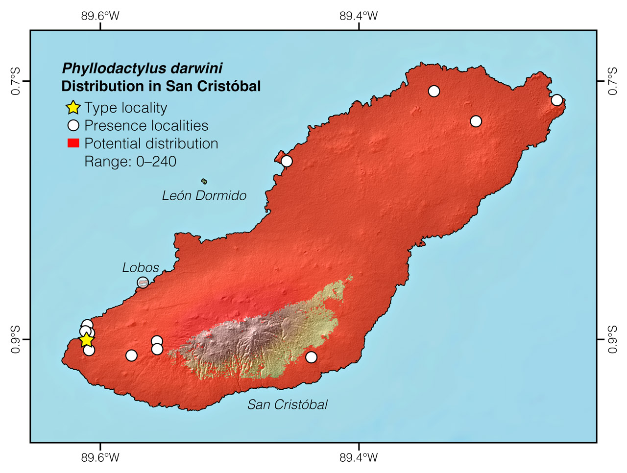Distribution of Phyllodactylus darwini in San Cristóbal Island
